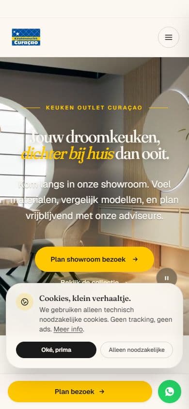 Mobile view of the Keukenoutlet Curaçao homepage