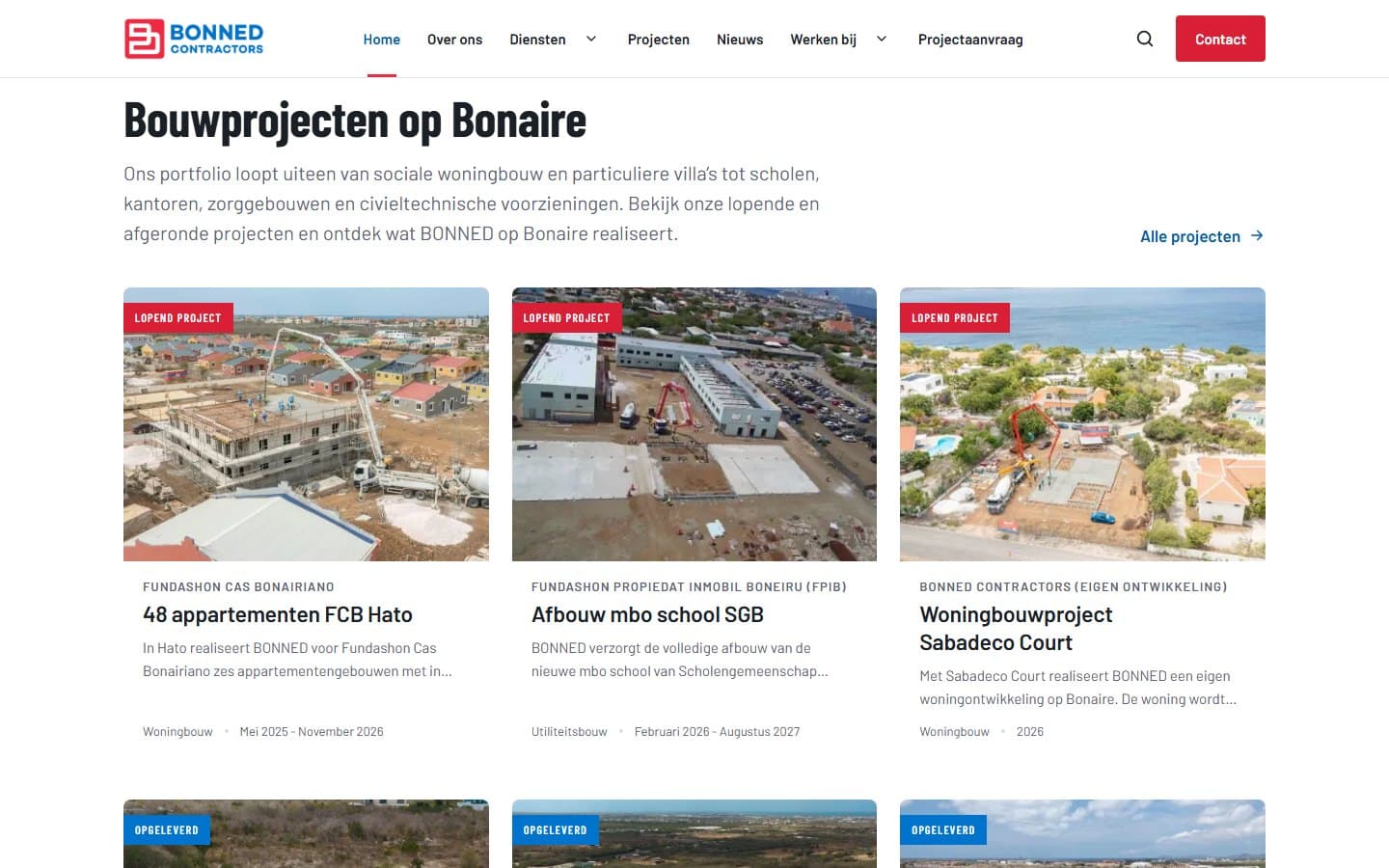 Projectenoverzicht op de homepage van BONNED met kaarten voor lopende en opgeleverde bouwprojecten op Bonaire