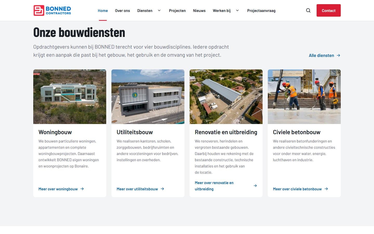 Dienstensectie op de homepage van BONNED: woningbouw, utiliteitsbouw, renovatie en uitbreiding, en civiele betonbouw
